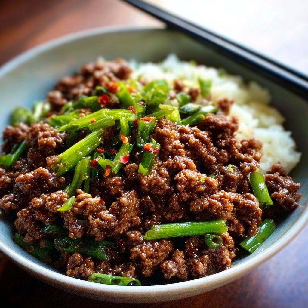 A close-up of a bowl of white rice topped with seasoned ground beef and chopped green onions, a quick ground beef recipe.