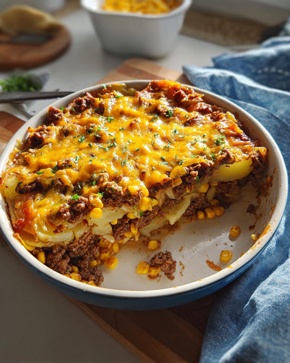 A hearty casserole with layers of ground beef, corn, potatoes, and melted cheese, a perfect example of ground beef recipes.