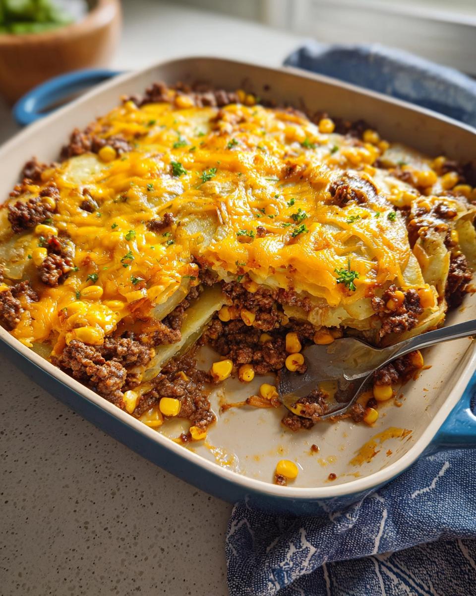 A hearty casserole made with ground beef, corn, and potatoes, topped with melted cheese and parsley. This is a recipe everyone asks for.