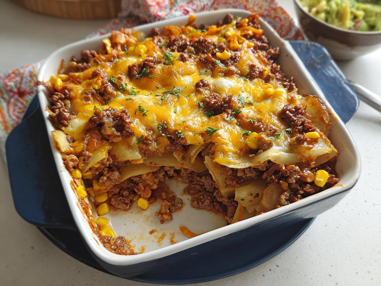 A delicious ground beef casserole with layers of pasta, seasoned ground beef, corn, and melted cheese, a recipe everyone asks for.