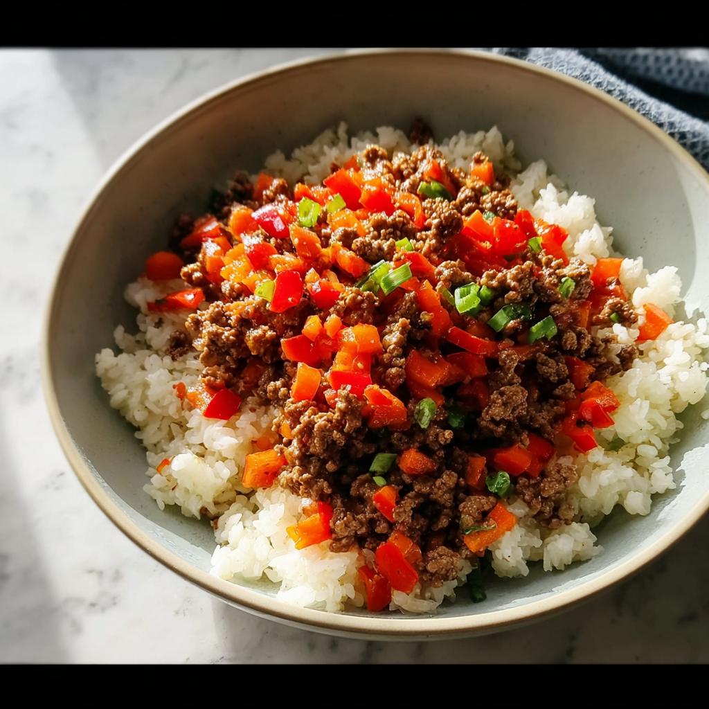 A bowl of white rice topped with seasoned ground beef and diced red bell peppers, a perfect example of ground beef recipes for busy weeknights.