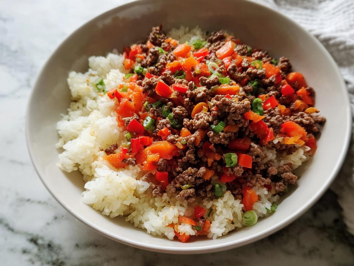 A close-up of a bowl filled with fluffy white rice topped with seasoned ground beef and diced red bell peppers and carrots, a perfect example of ground beef recipes for busy weeknights.