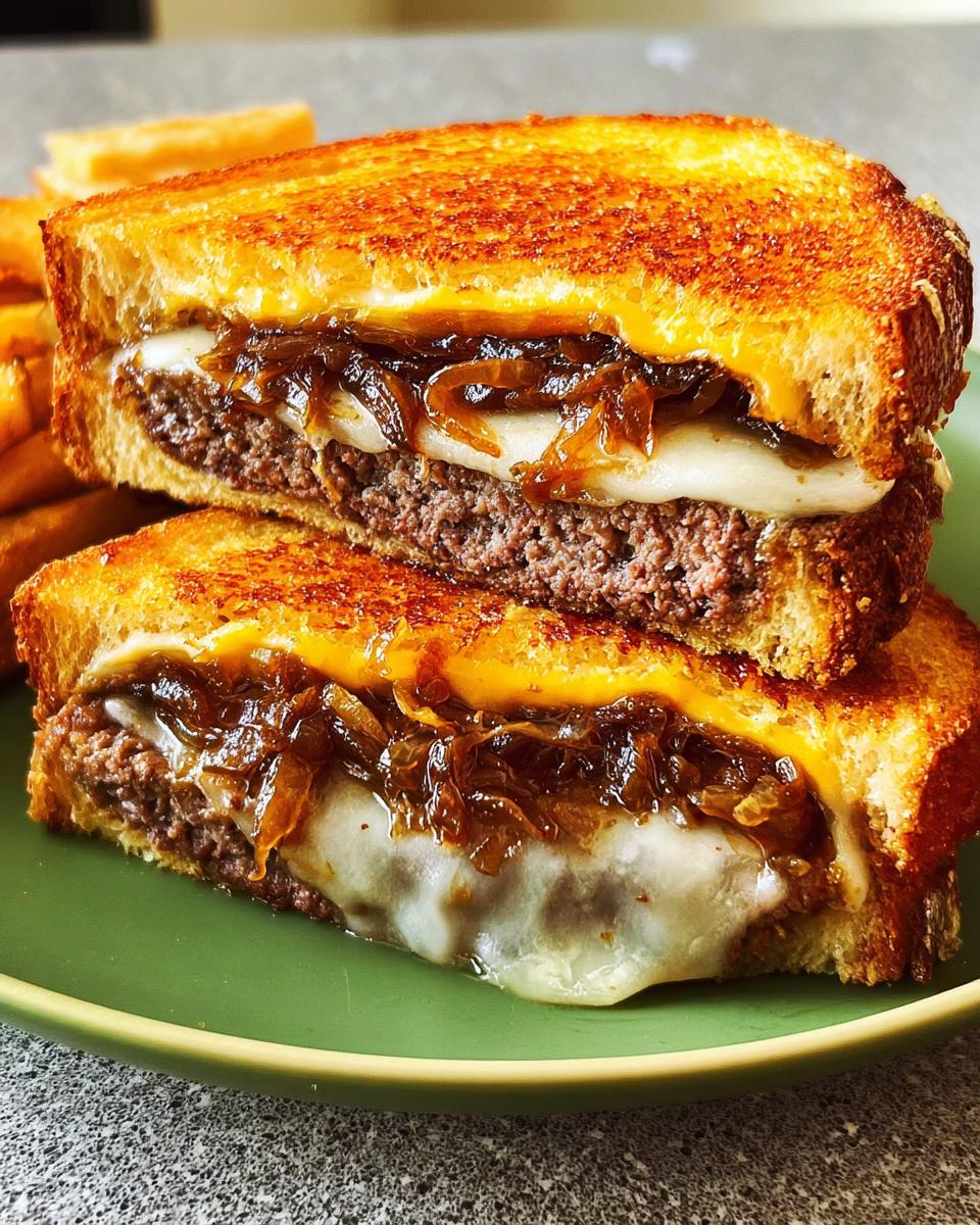 Close-up of a juicy ground beef sandwich with melted cheese and caramelized onions, part of Best Ground Beef Recipes 2025.