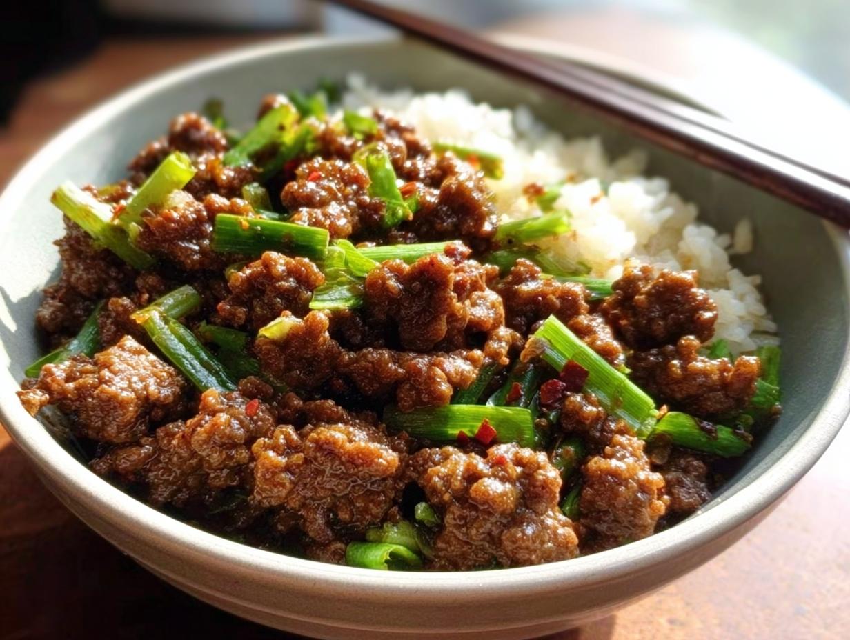 A bowl of white rice topped with savory ground beef and chopped scallions, a quick meal from ground beef recipes in 20 minutes.