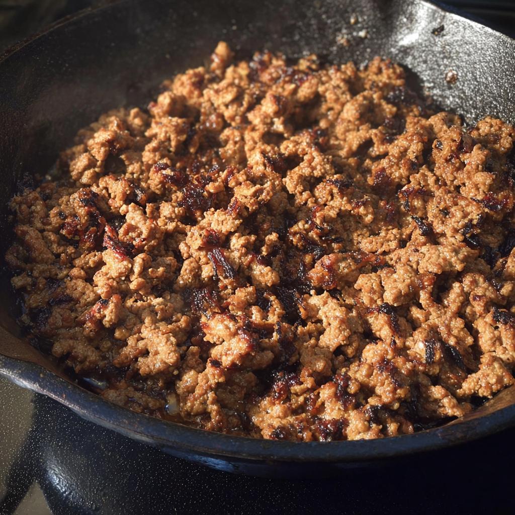Close-up of ground beef browning in a cast iron skillet, part of the Ultimate Ground Beef Recipes Guide.