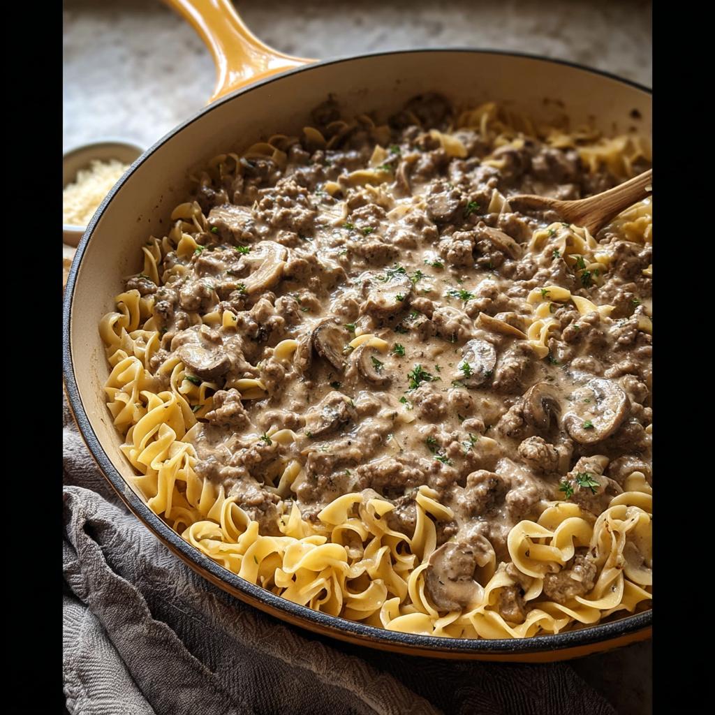 A close-up of creamy Ground Beef Stroganoff mixed with mushrooms and served over wide egg noodles in a yellow skillet.
