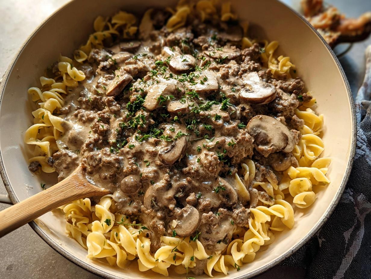 A creamy skillet of Ground Beef Stroganoff served over wide egg noodles, topped with sliced mushrooms and fresh herbs.