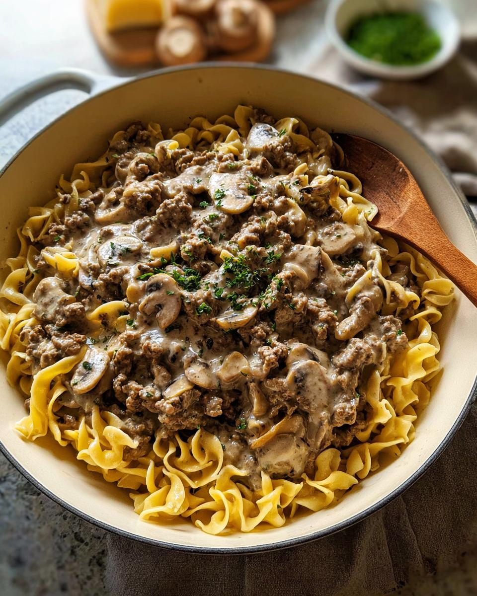 A skillet filled with creamy Ground Beef Stroganoff served over wide egg noodles, garnished with parsley.