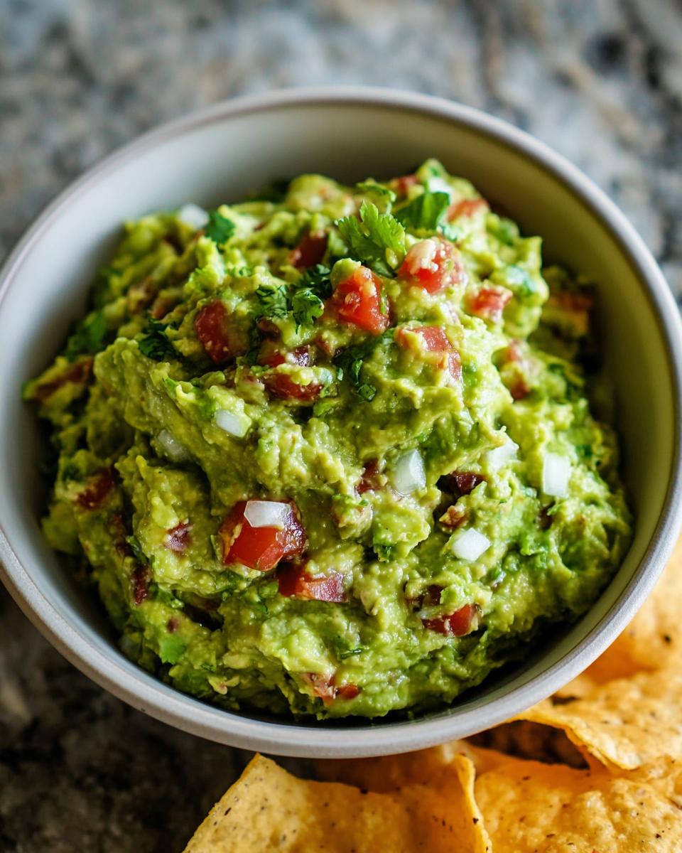 Close-up of chunky Guacamole with Lime and Cilantro, topped with diced tomatoes and onions, next to tortilla chips.