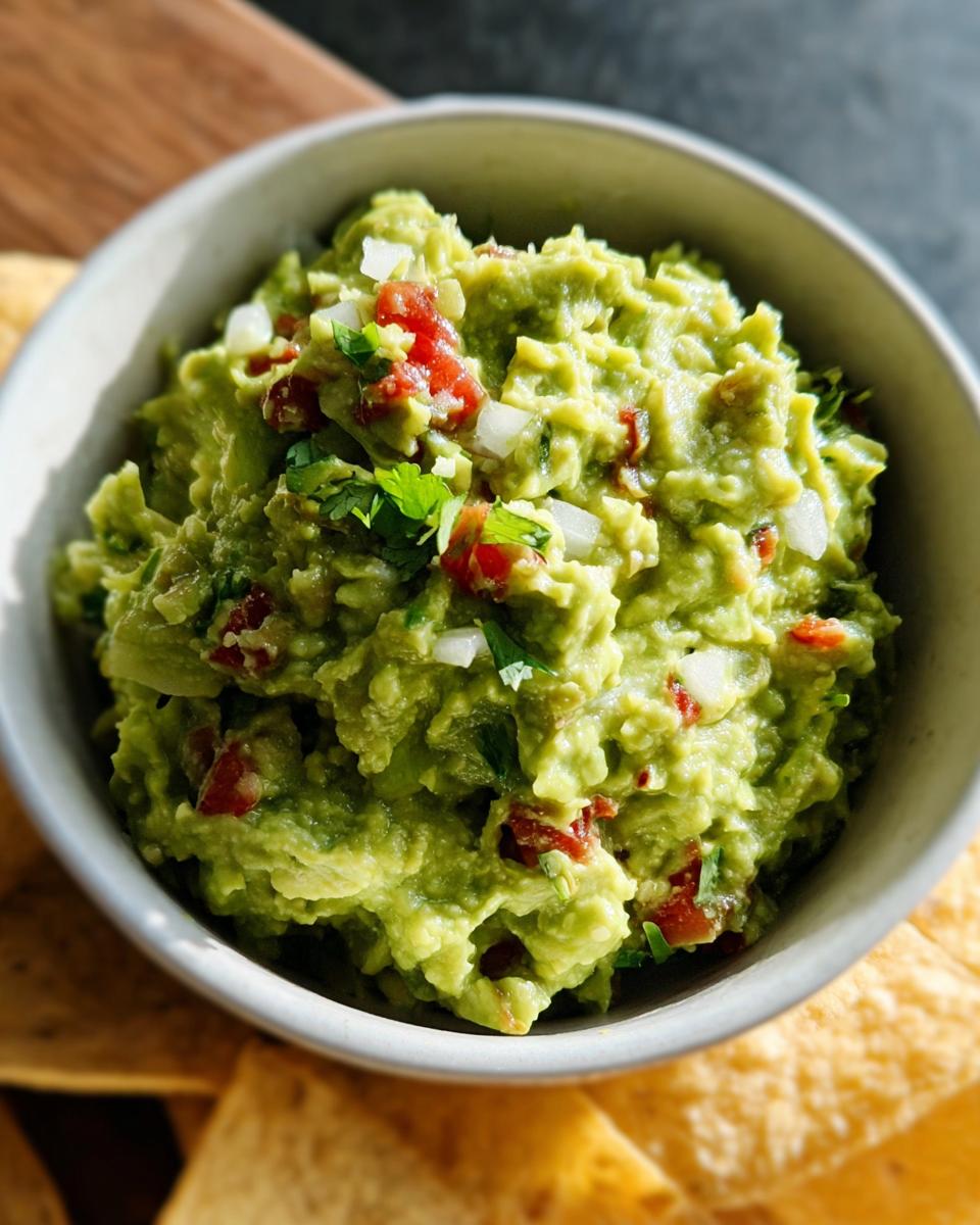 Close-up of chunky Guacamole with Lime and Cilantro, topped with diced onion and tomato, served with tortilla chips.