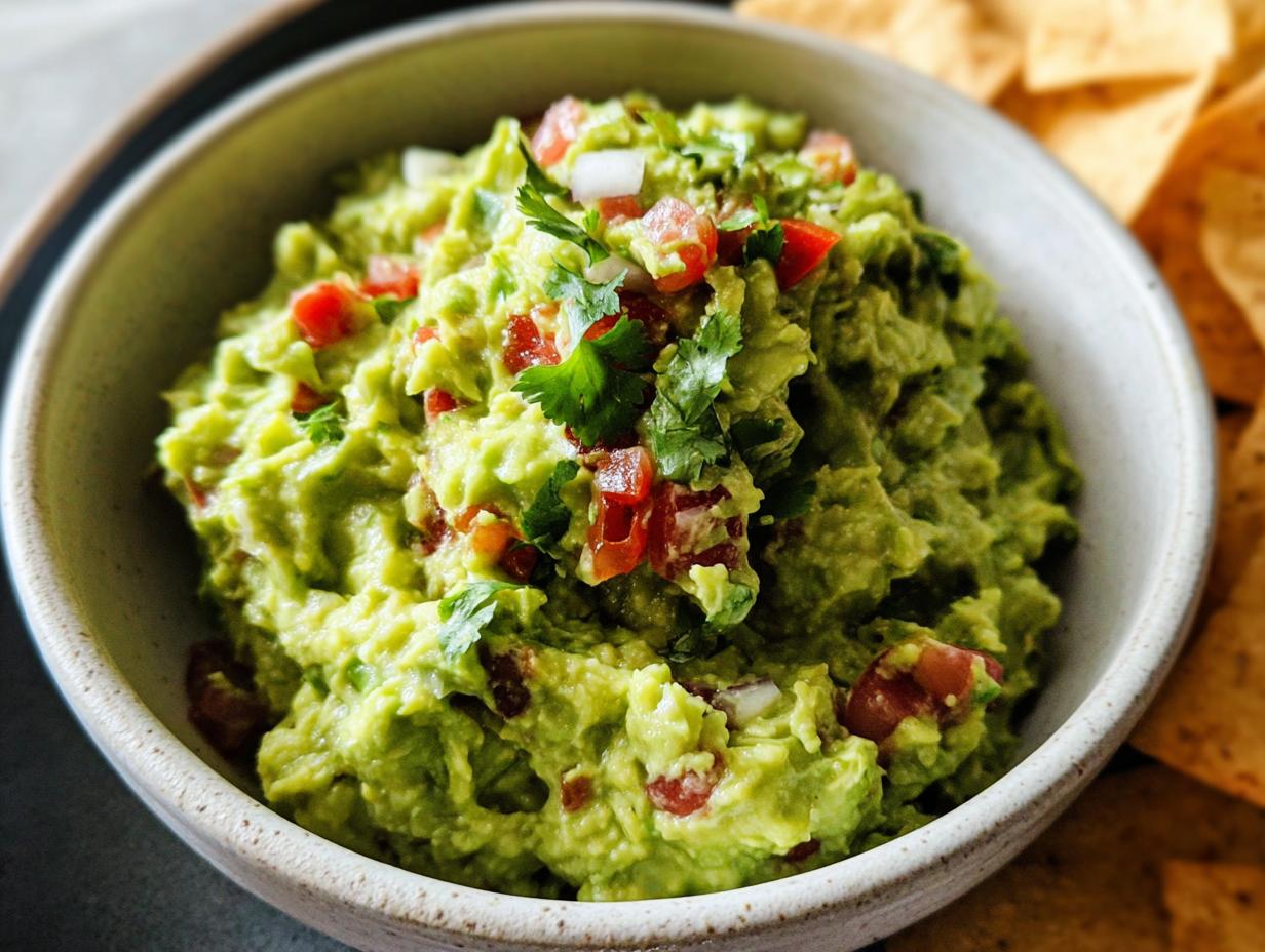 Close-up of chunky Guacamole with Lime and Cilantro topped with diced tomatoes and onions, served with tortilla chips.