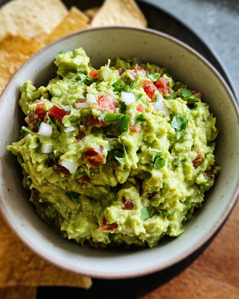 Close-up of chunky Guacamole with Lime and Cilantro, mixed with diced tomatoes and onions, served with tortilla chips.