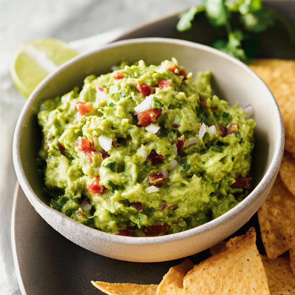 A close-up of chunky Guacamole with Lime and Cilantro, topped with diced tomatoes and onions, served with tortilla chips.