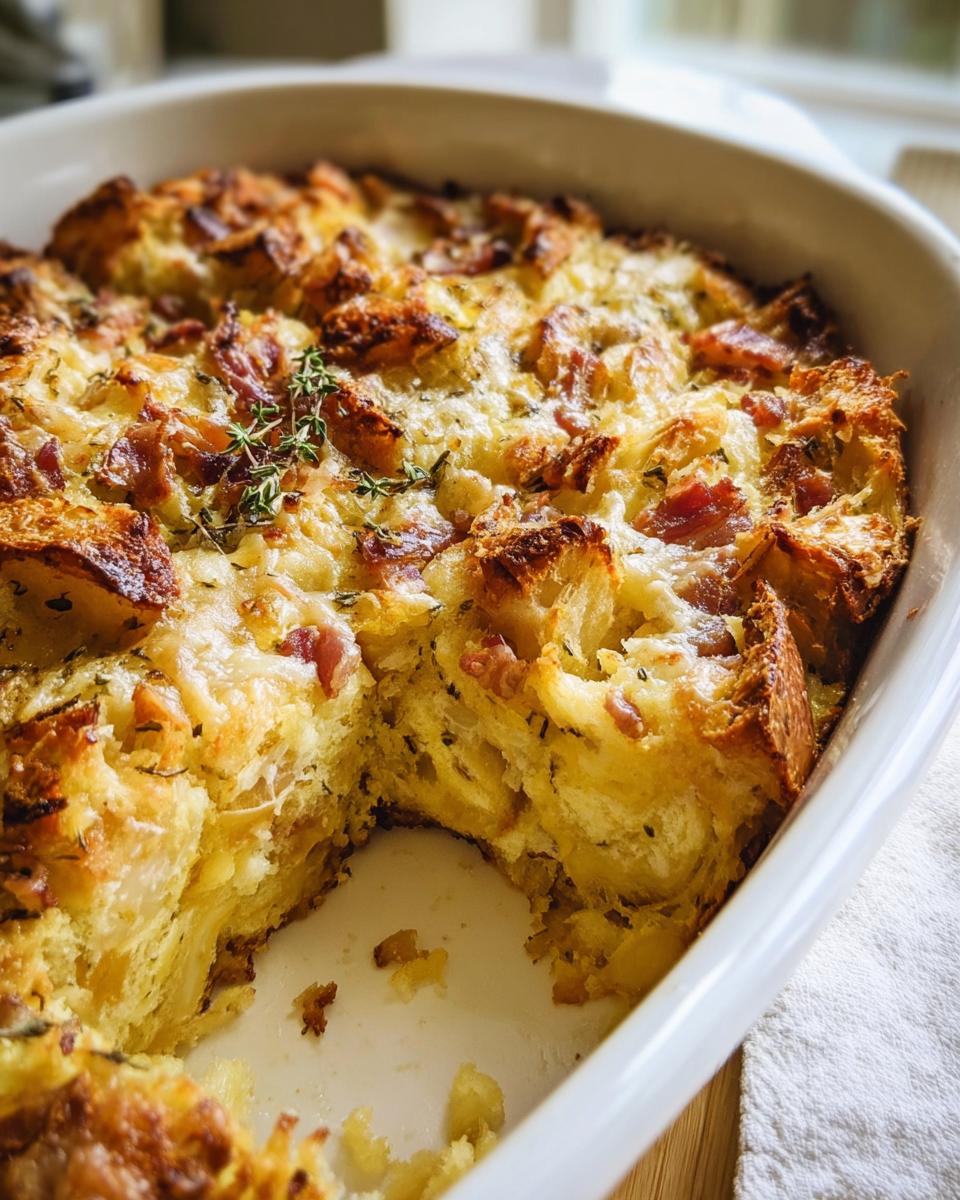 Close-up of a baked Ham and Cheese Breakfast Casserole with a piece removed, showing a golden, cheesy top.