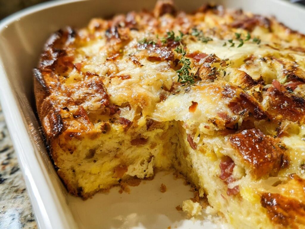 Close-up of a golden, baked Ham and Cheese Breakfast Casserole with a piece removed, showing cheesy, eggy interior.