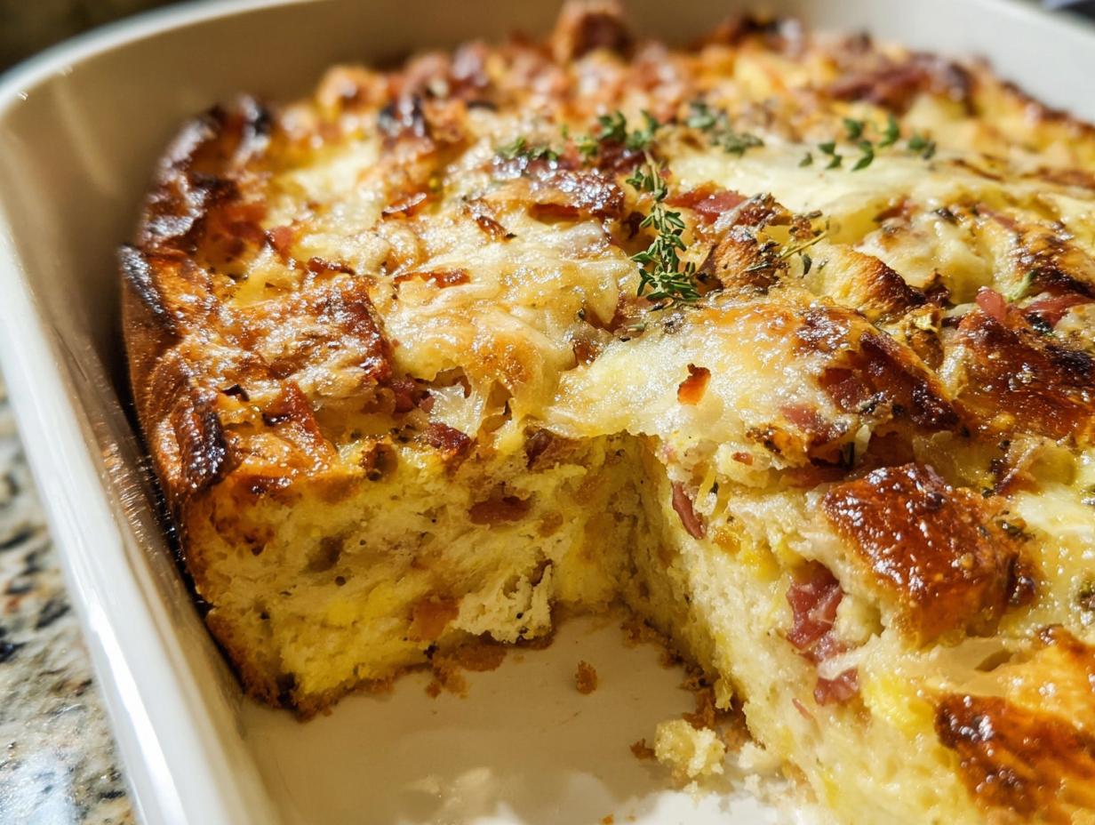 Close-up of a golden, baked Ham and Cheese Breakfast Casserole with a piece removed, showing cheesy, eggy interior.