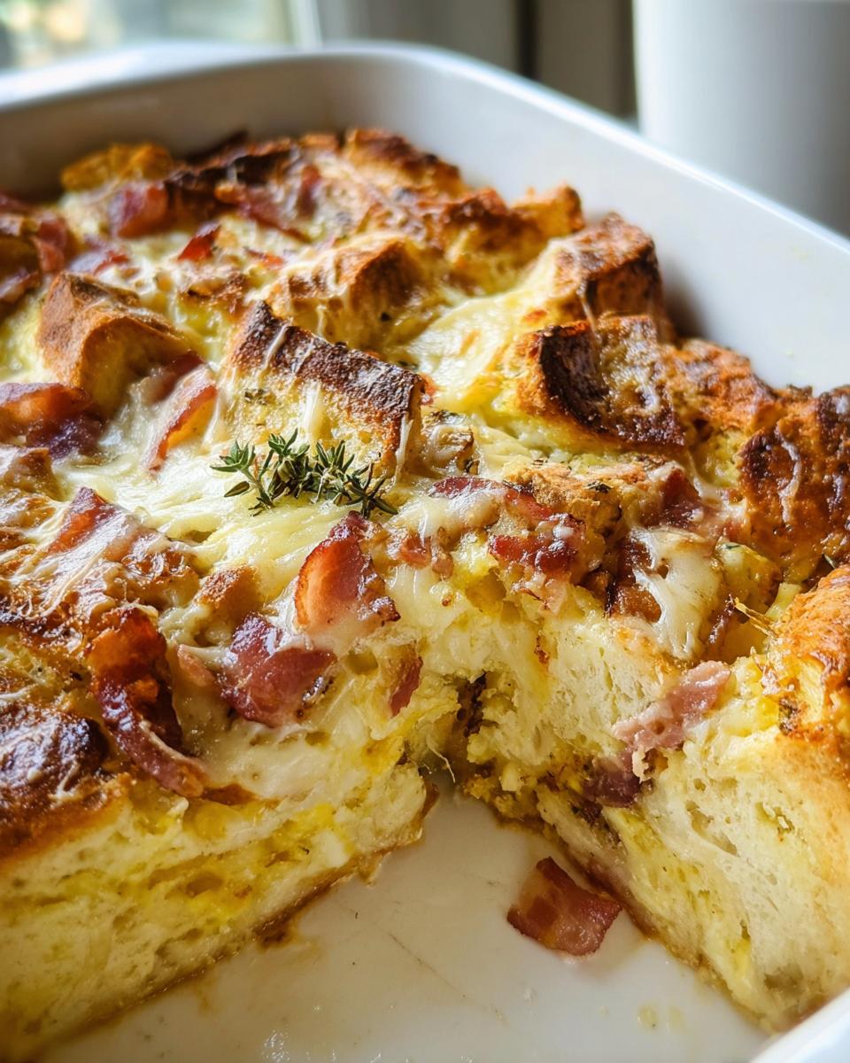 Close-up of a baked Ham and Cheese Breakfast Casserole with crispy bacon and melted cheese, a slice removed.