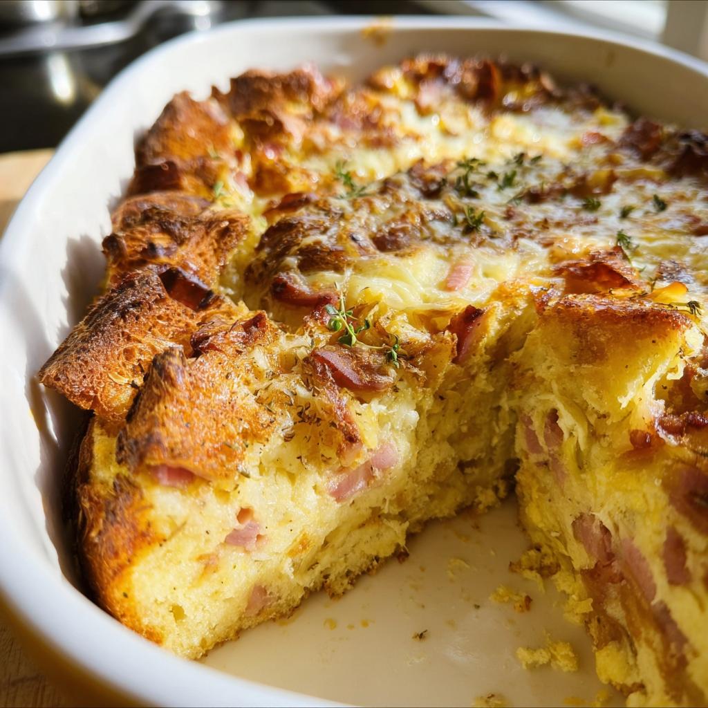 A rich, golden Ham and Cheese Breakfast Casserole baked in a white dish with a slice removed, showing layers of bread and ham.
