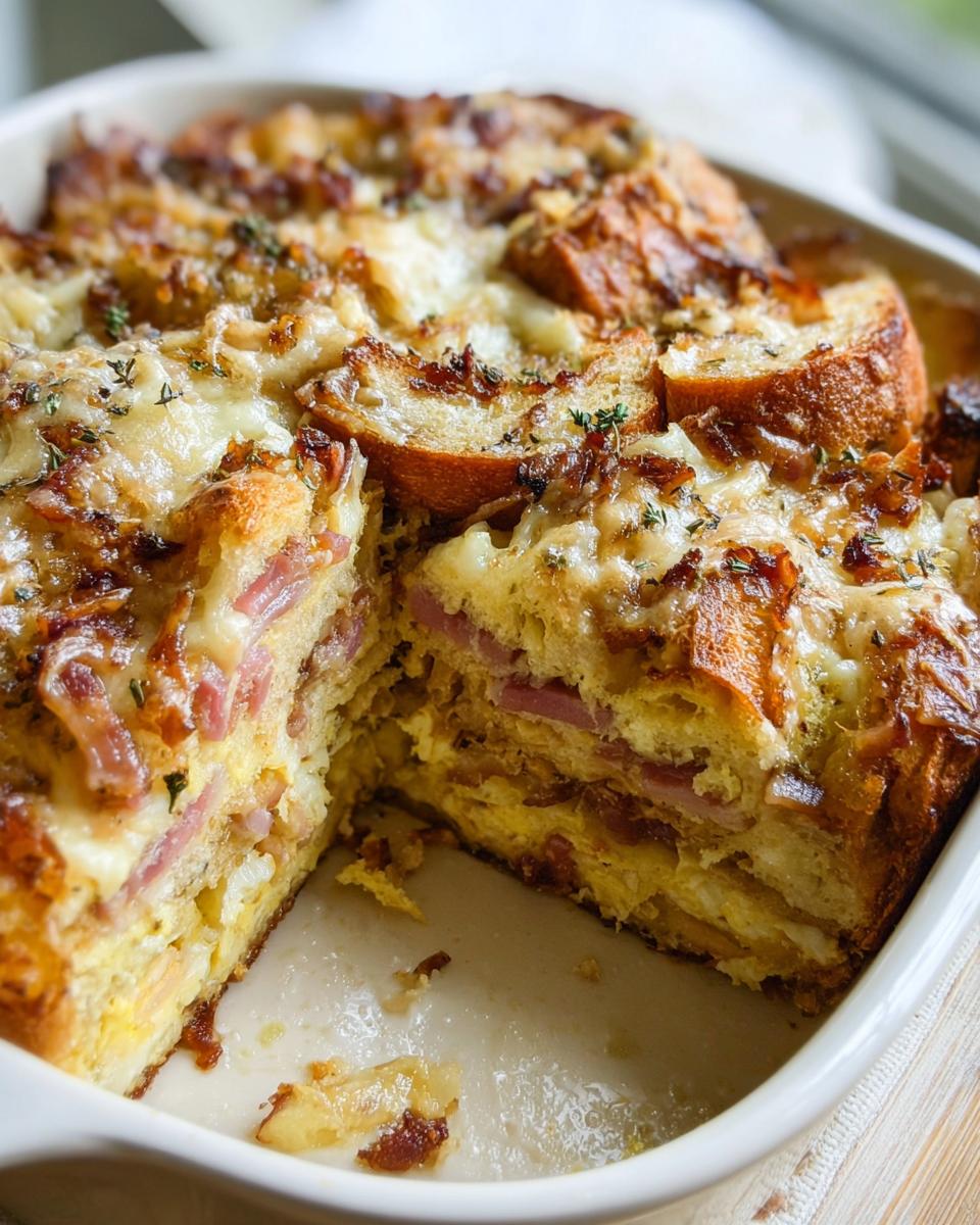 A slice removed from a baked Ham and Cheese Breakfast Casserole showing layers of bread, egg, ham, and melted cheese.