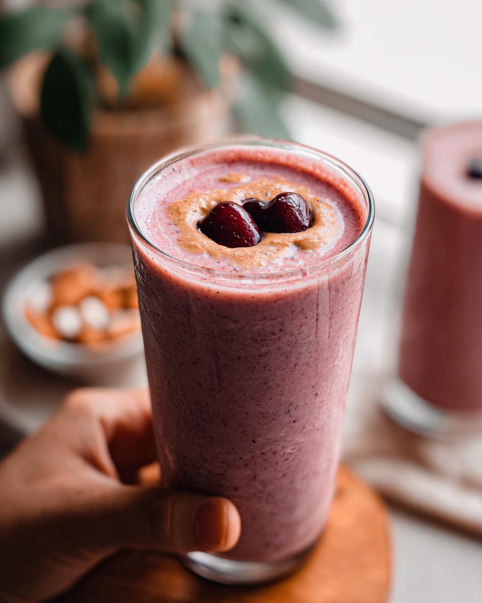 A hand holds a tall glass of thick, purple Cherry Almond Smoothie topped with almond butter and fresh cherries.