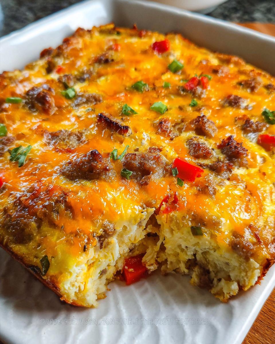 A serving removed from the baked Hash Brown Egg Bake, showing the fluffy interior, melted cheese, sausage, and peppers.