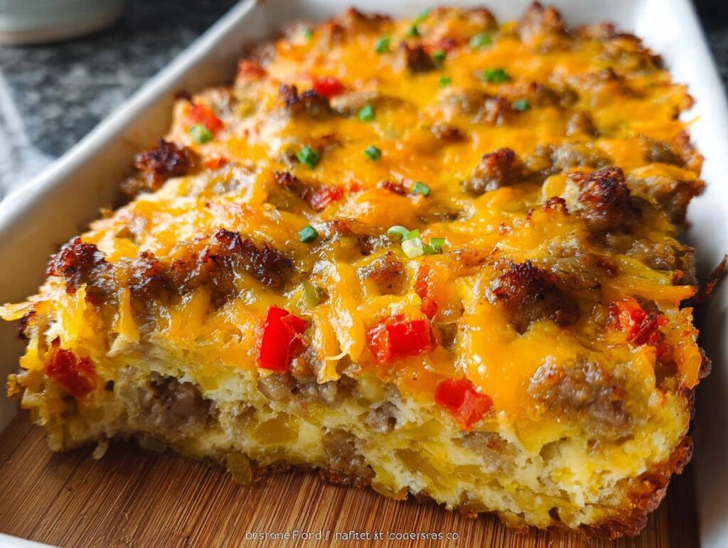 A close-up view of a hearty slice of Hash Brown Egg Bake topped with melted cheddar cheese, sausage, and red peppers.