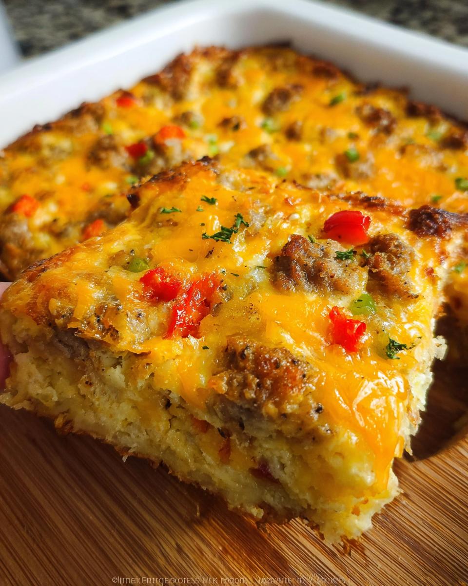 A thick slice being lifted from a Hash Brown Egg Bake topped with melted cheddar, sausage, and peppers.