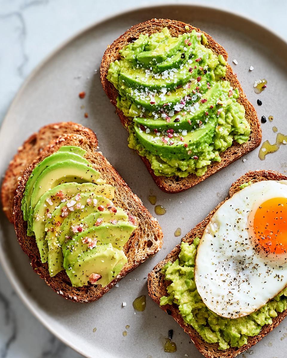 Three slices of healthy Avocado Toast on a plate, featuring smashed avocado, sliced avocado, and one topped with a fried egg.