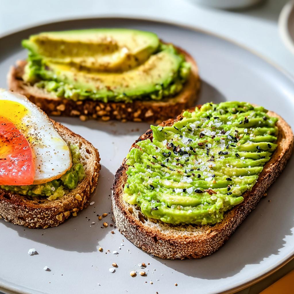 Three slices of healthy Avocado Toast variations served on a grey plate, one topped with sliced avocado, one with mashed avocado and seeds, and one with egg.