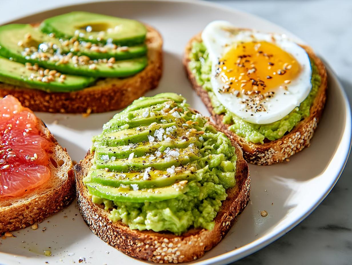 Four different pieces of healthy Avocado Toast 5 Ways on a plate, including mashed, sliced, and topped with an egg and grapefruit.
