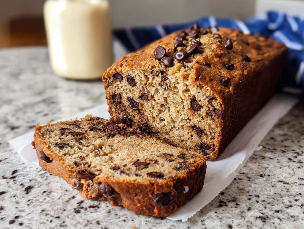 A loaf of moist Healthy Banana Bread (Whole Wheat) studded with chocolate chips, with one slice cut.