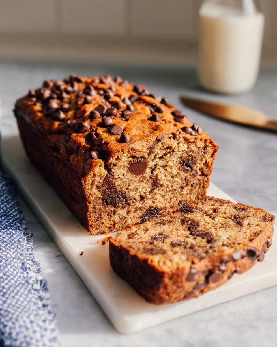 A loaf of moist Healthy Banana Bread (Whole Wheat) topped with chocolate chips, with one slice cut.