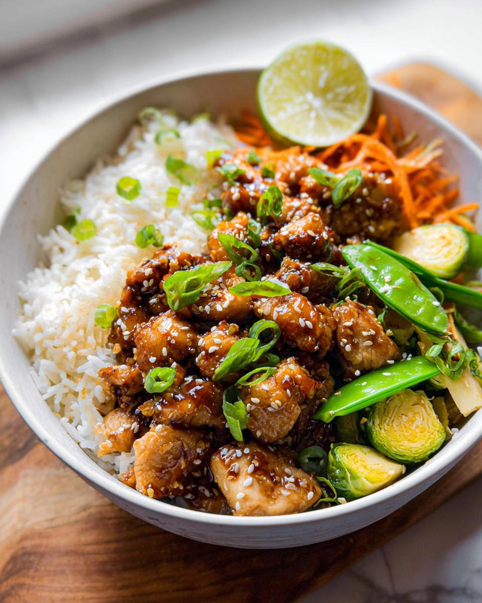 Close-up of a healthy dinner idea: sesame chicken bowl with white rice, Brussels sprouts, and lime.