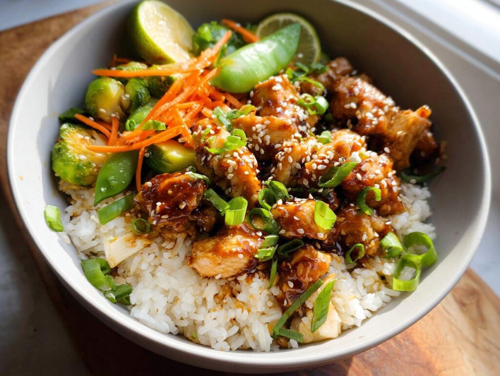 Close-up of a healthy dinner bowl featuring sesame glazed chicken over rice with Brussels sprouts, carrots, and lime wedges.