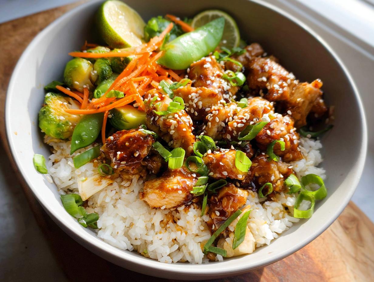 Close-up of a healthy dinner bowl featuring sesame glazed chicken over rice with Brussels sprouts, carrots, and lime wedges.