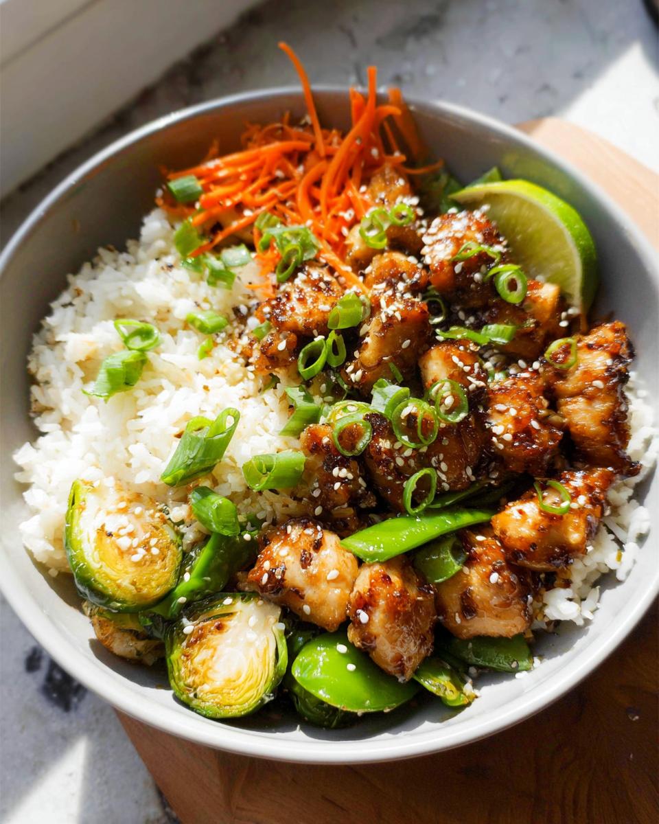 A vibrant bowl featuring sesame chicken, white rice, roasted Brussels sprouts, and shredded carrots, perfect for 15 Healthy Dinner Ideas.