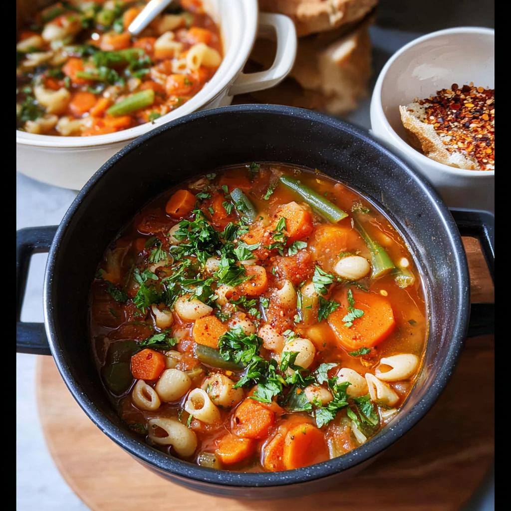 A steaming bowl of hearty vegetable soup with pasta, carrots, and green beans, perfect for best dinner ideas.