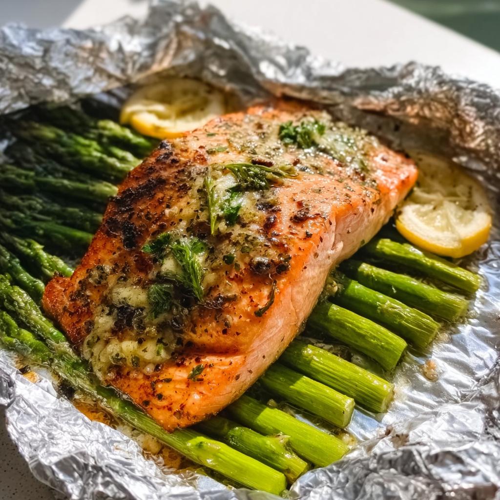 Cooked Herb Butter Salmon (Foil Pack) resting on bright green asparagus spears with lemon slices.
