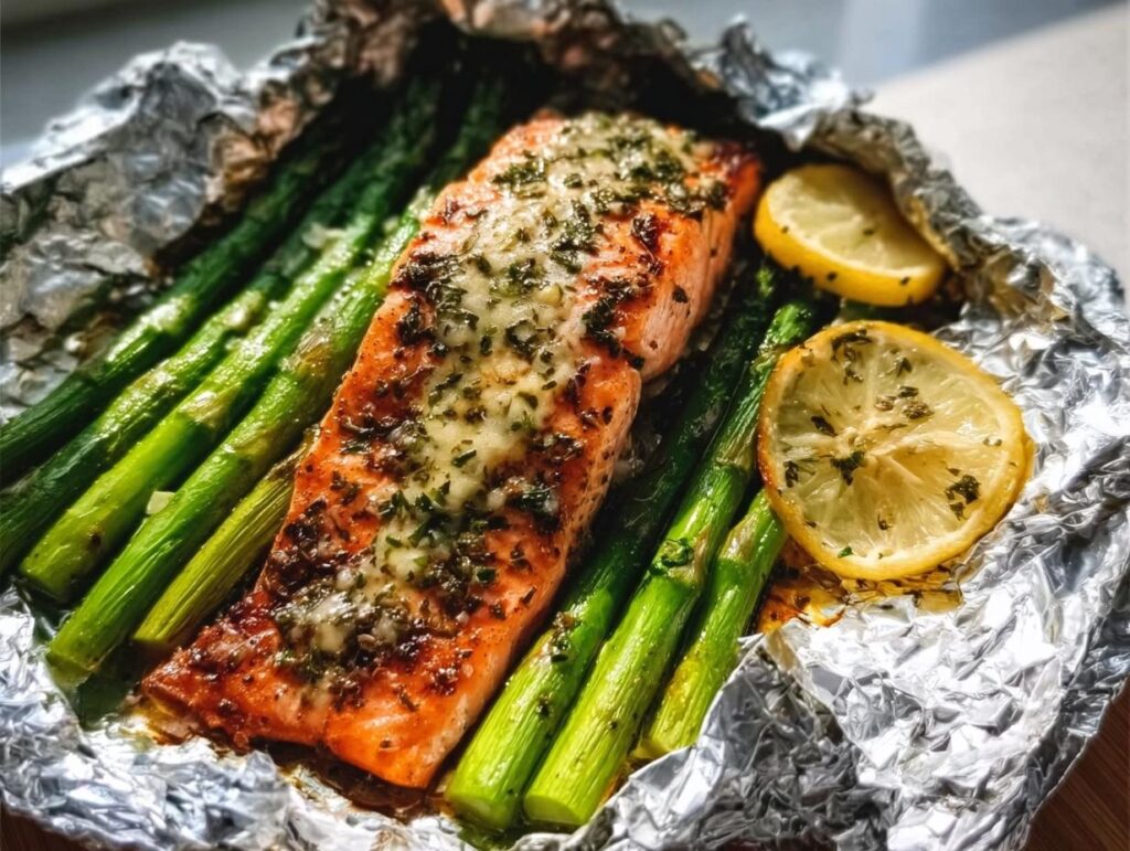 A cooked fillet of Herb Butter Salmon (Foil Pack) served over bright green asparagus, garnished with lemon slices.