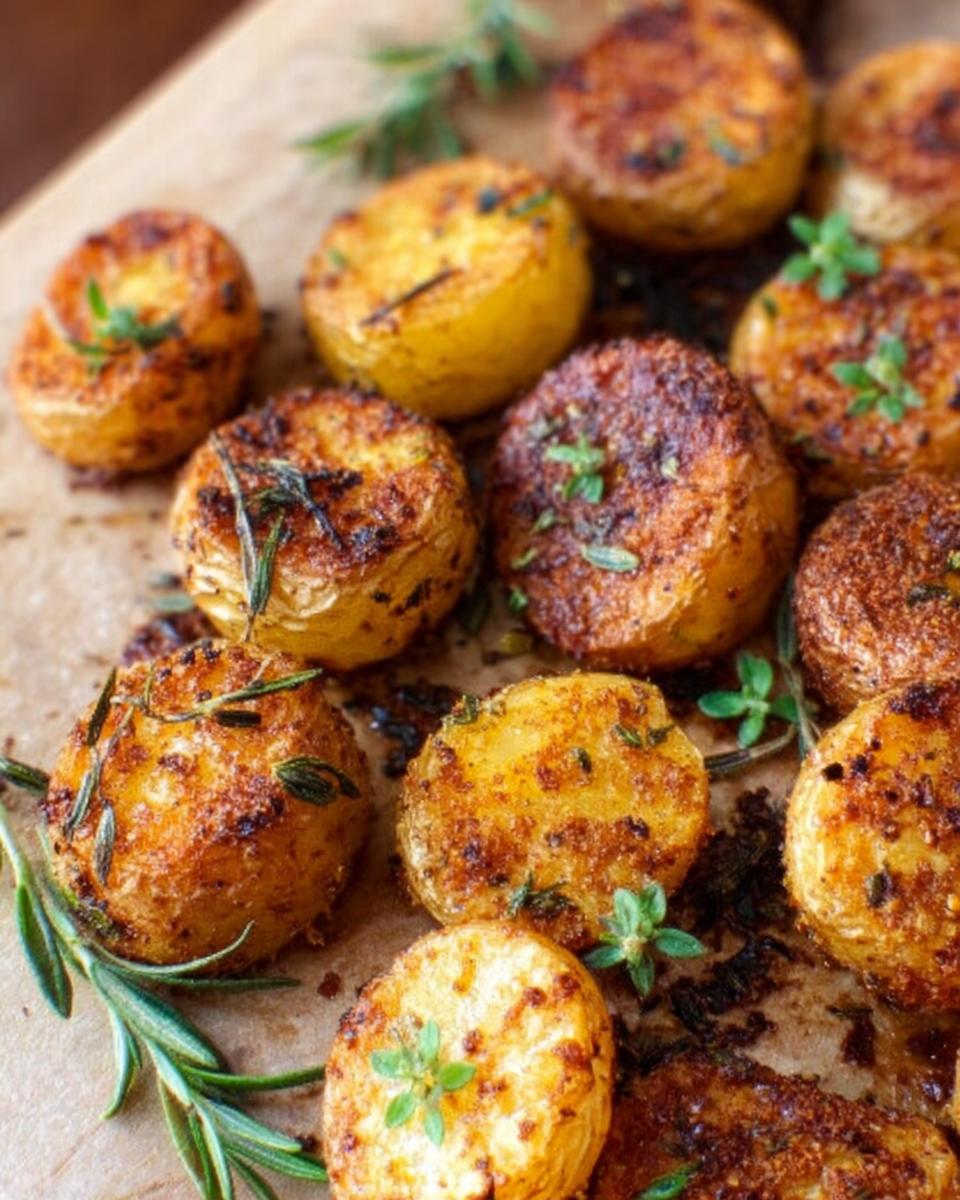 Close-up of golden brown Herb Roasted Baby Potatoes seasoned with rosemary and thyme.