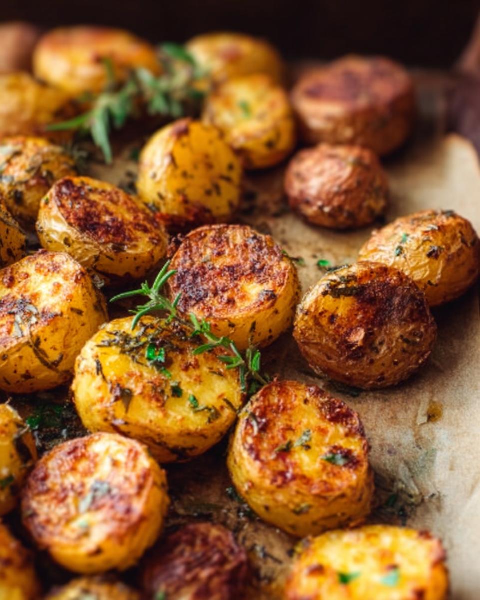 Close-up of golden brown, crispy Herb Roasted Baby Potatoes seasoned with fresh rosemary and herbs.
