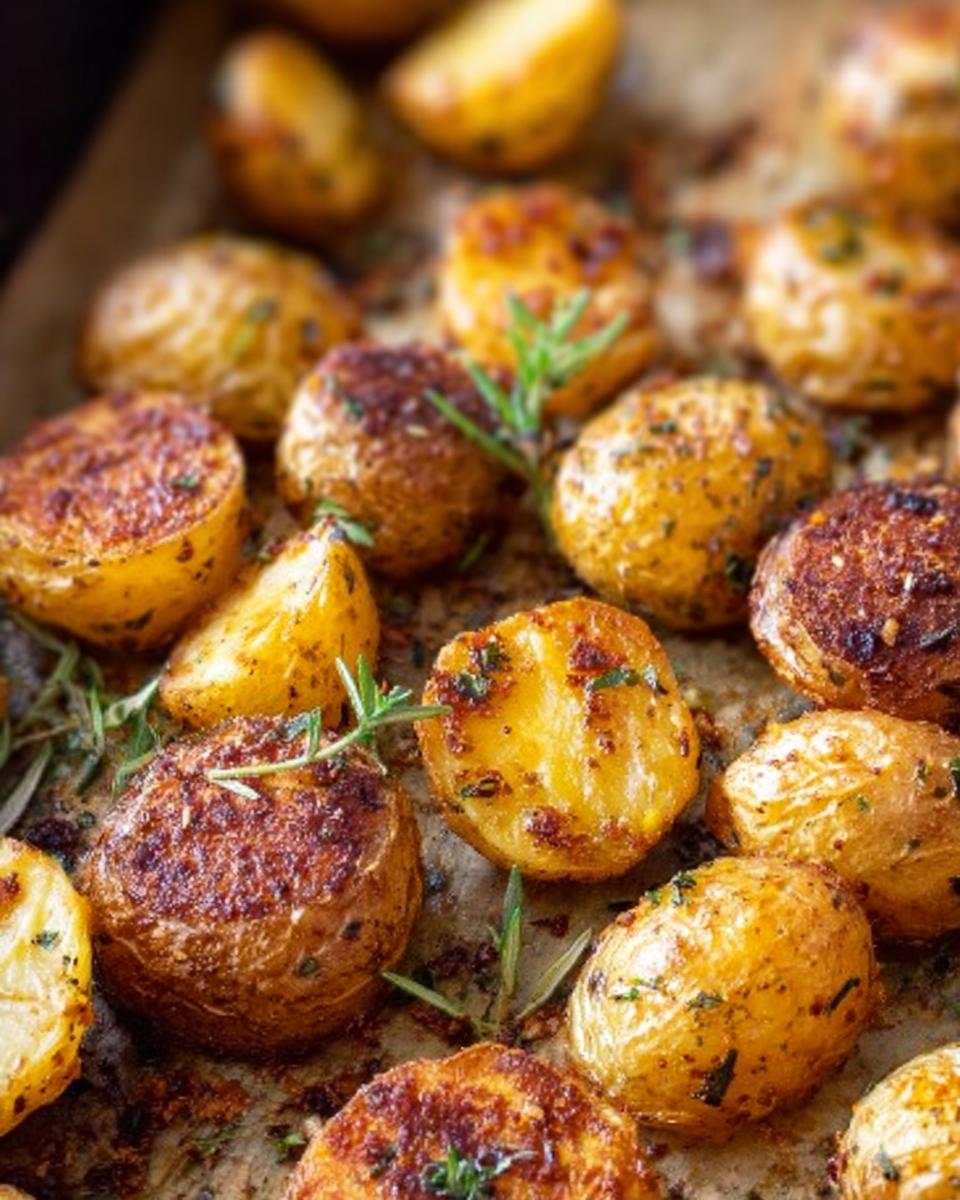 Close-up of golden brown Herb Roasted Baby Potatoes seasoned with herbs and rosemary on a baking sheet.