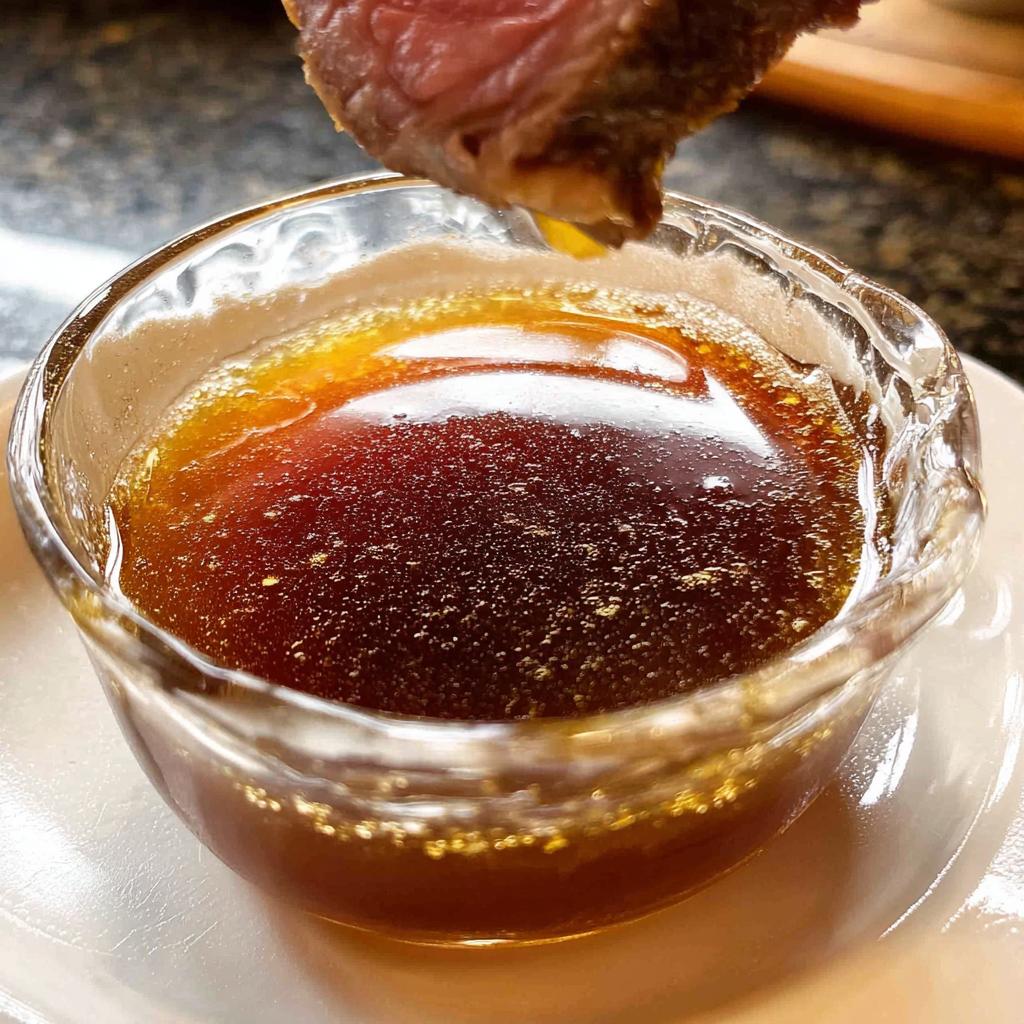Close-up of a piece of medium-rare steak being dipped into a small glass bowl of rich, dark Homemade Au Jus without drippings.