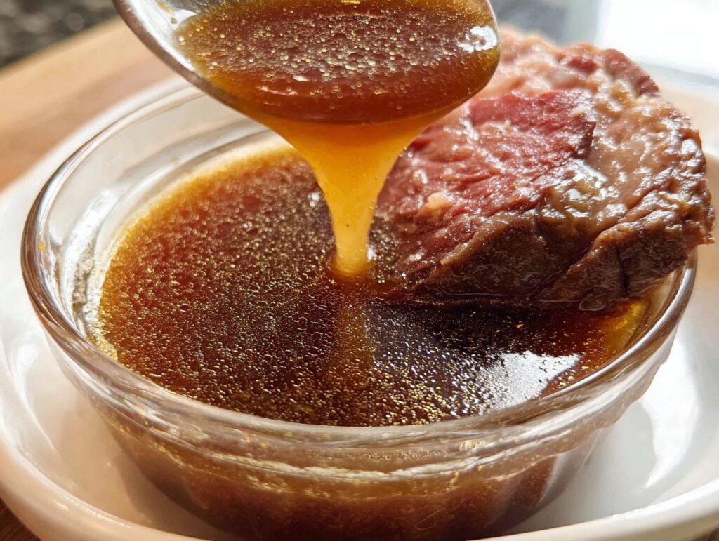 A spoonful of rich, brown Homemade Au Jus without drippings is being poured over a slice of roast beef in a small glass bowl.