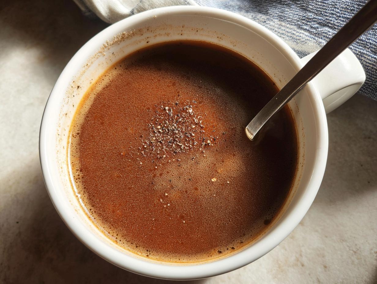 Close-up of rich brown liquid made from Homemade Dry Au Jus Seasoning Mix, topped with cracked pepper in a white mug.