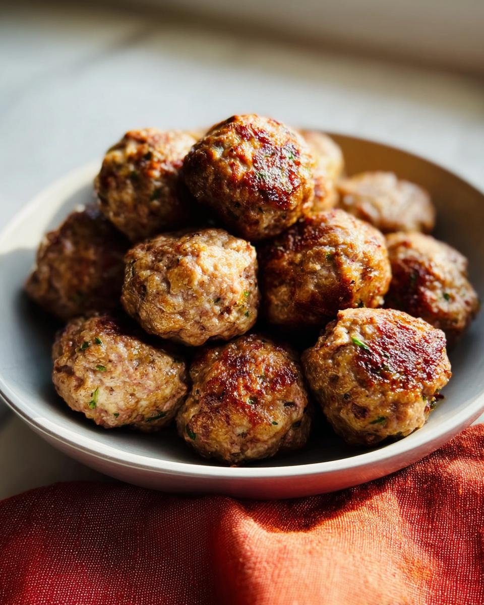 A close-up of freshly baked Homemade Meatballs stacked high in a light gray bowl, resting on a red napkin.