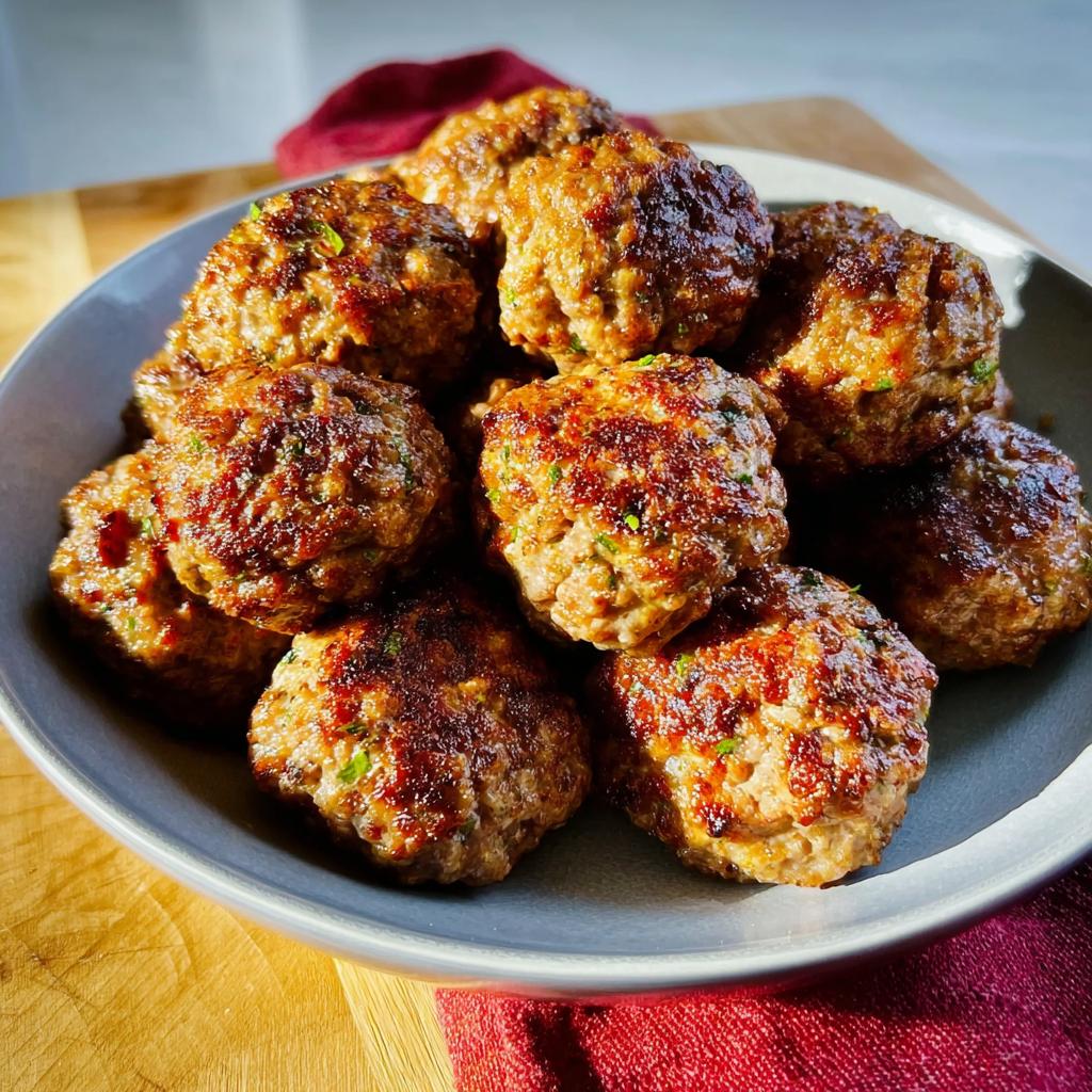 A close-up of a bowl piled high with freshly baked, golden brown Homemade Meatballs (Oven-Baked).