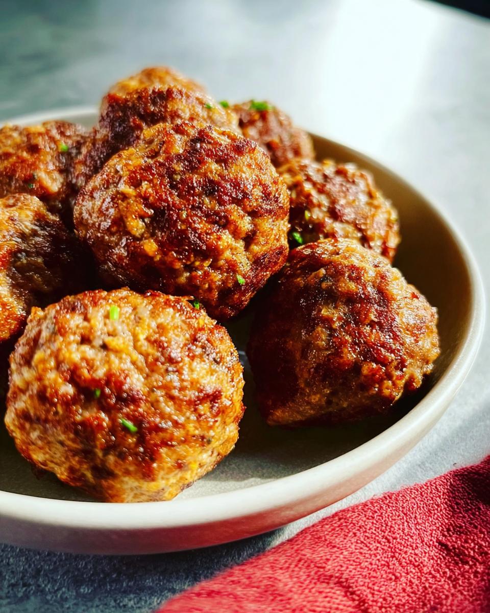 Close-up of several golden-brown Homemade Meatballs (Oven-Baked) piled in a light gray bowl.