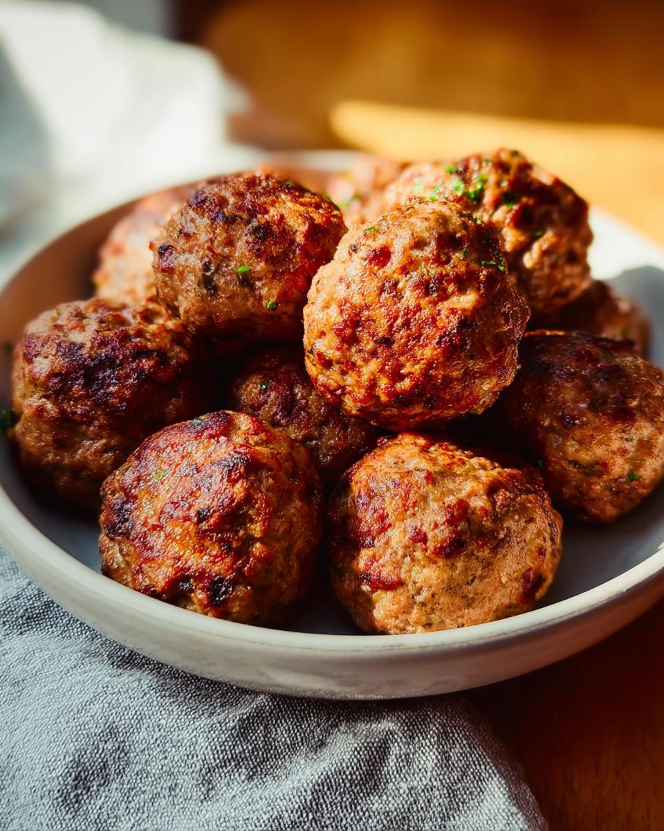 A close-up of several golden-brown, oven-baked Homemade Meatballs piled high in a light-colored bowl.