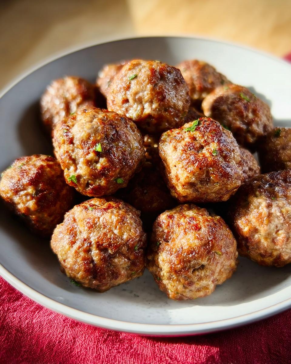 A close-up of several golden brown Homemade Meatballs (Oven-Baked) piled high on a light gray plate.
